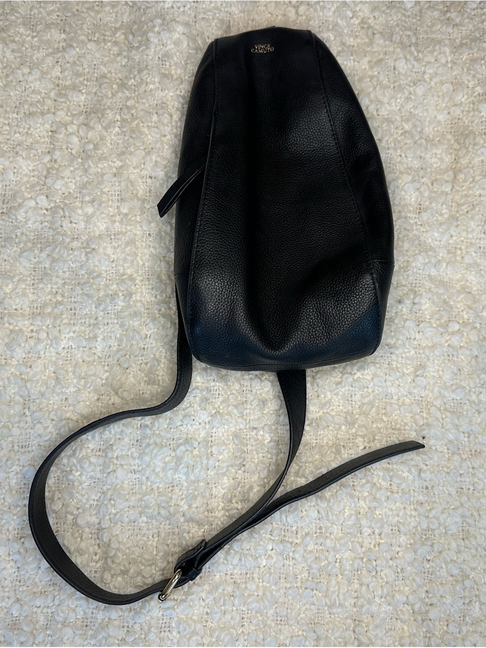 Vince Camuto Black Pebble Leather Sling Backpack with Gold Logo